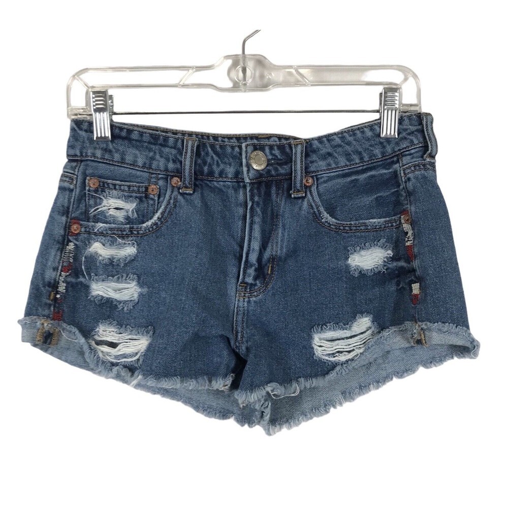 American Eagle Women's Tomgirl Shortie Jeans Shorts Size 2 Blue Distressed Denim